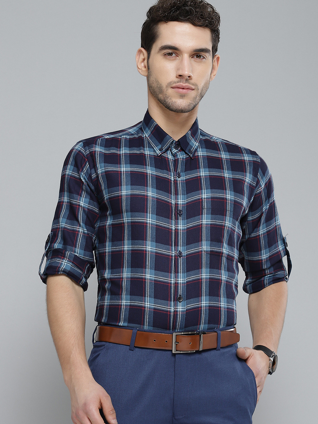 

DENNISON Men Navy Blue & White Smart Slim Fit Pure Cotton Checked Formal Shirt