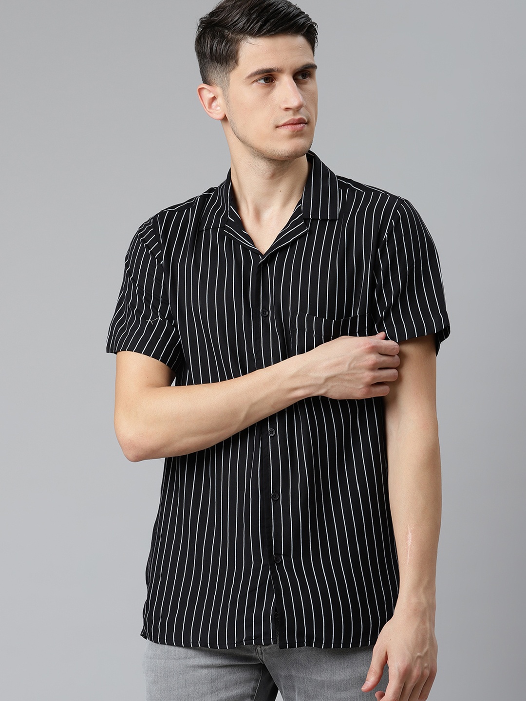

DENNISON Men Black & White Smart Slim Fit Striped Casual Shirt