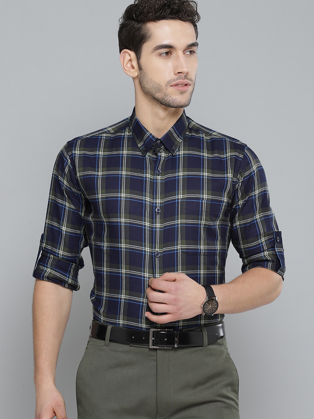 

DENNISON Men Navy Blue & Olive Green Smart Slim Fit Pure Cotton Checked Formal Shirt