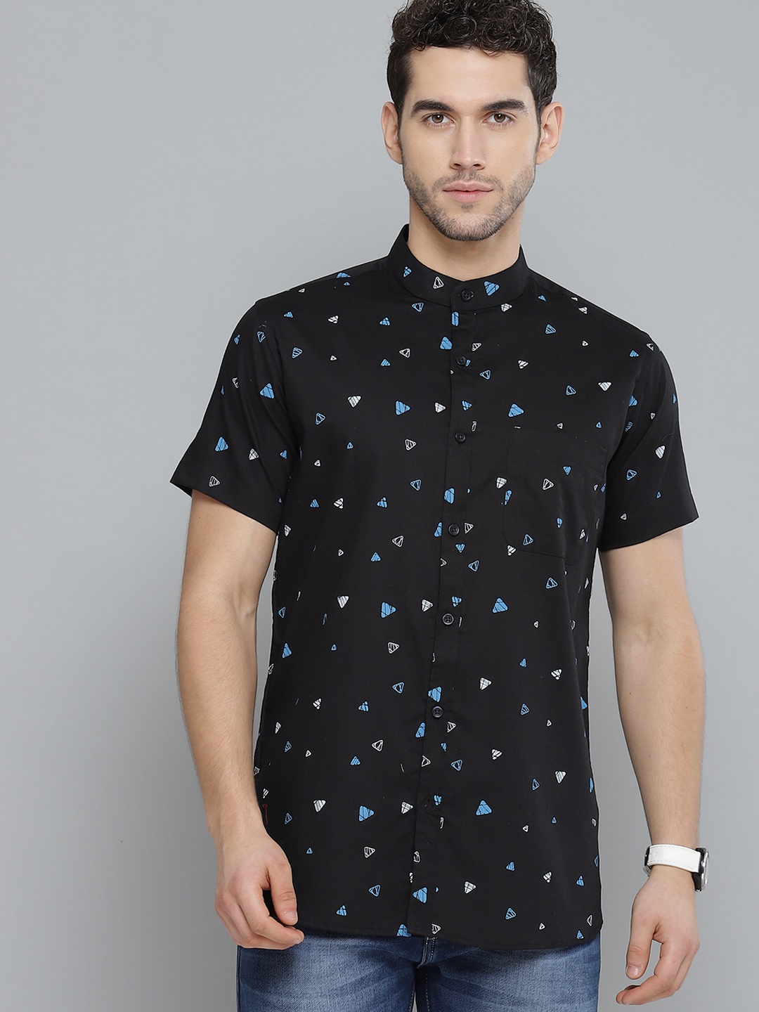 

DENNISON Men Black & Blue Smart Slim Fit Pure Cotton Printed Formal Shirt