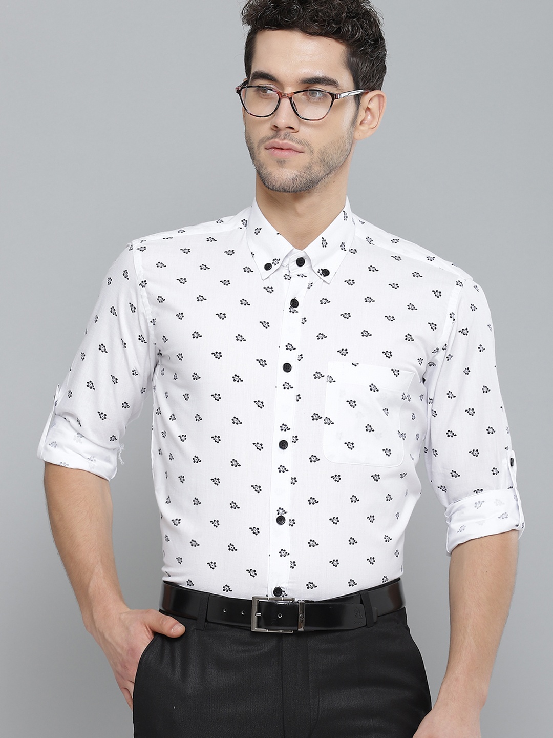 

DENNISON Men White & Black Smart Slim Fit Floral Printed Pure Cotton Formal Shirt