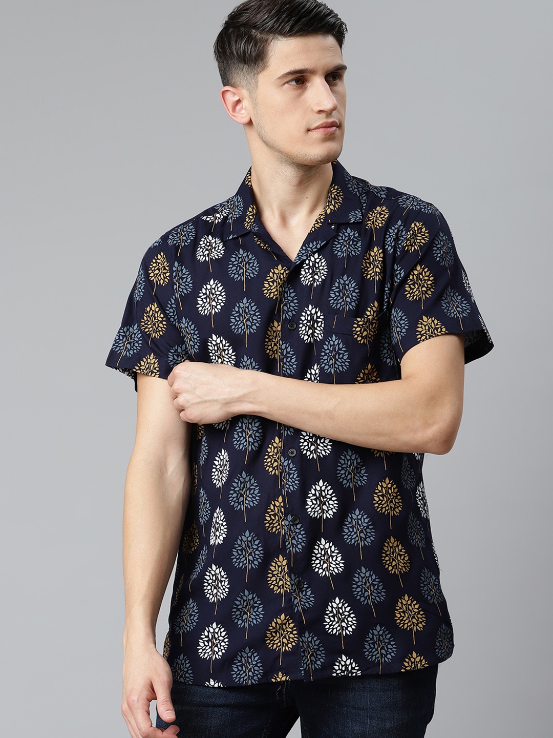 

DENNISON Men Navy Blue & Mustard Yellow Smart Slim Fit Printed Casual Shirt