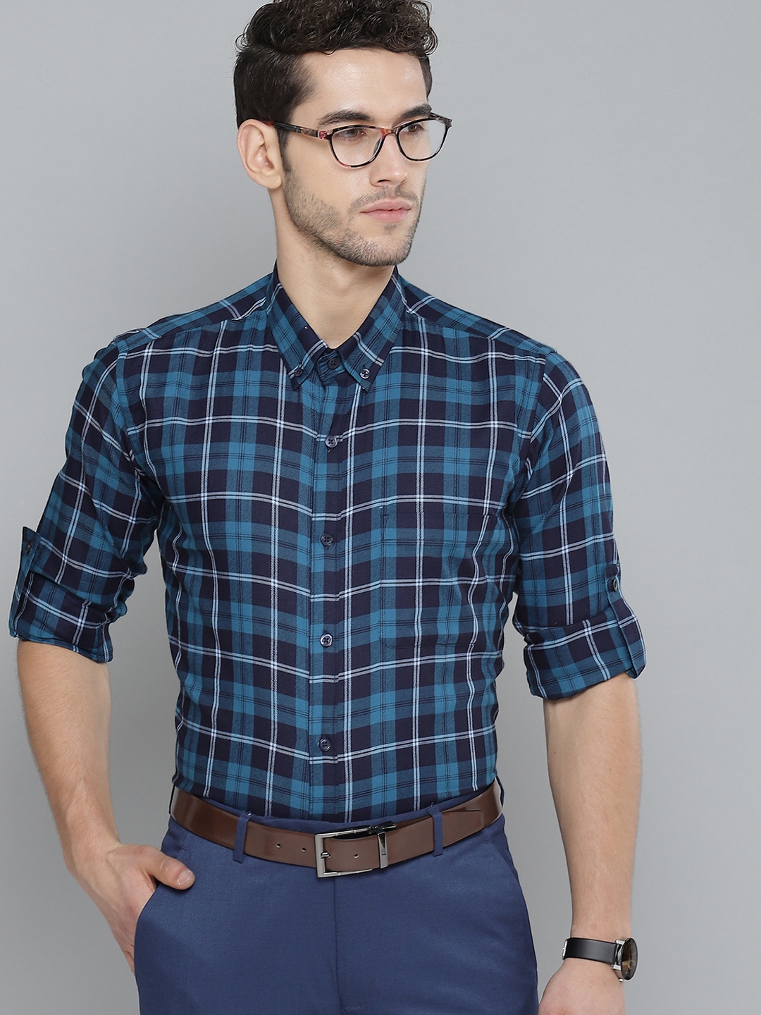 

DENNISON Men Blue Smart Slim Fit Pure Cotton Checked Formal Shirt