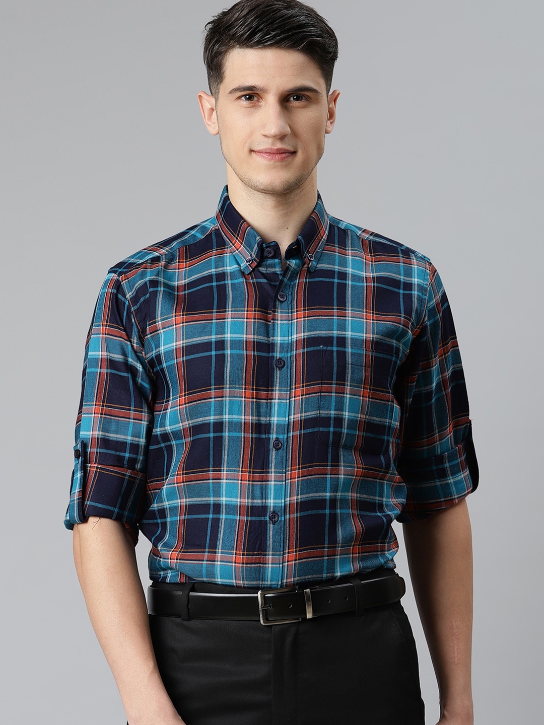 

DENNISON Men Blue & Red Twill Weave Smart Slim Fit Tartan Checked Formal Shirt