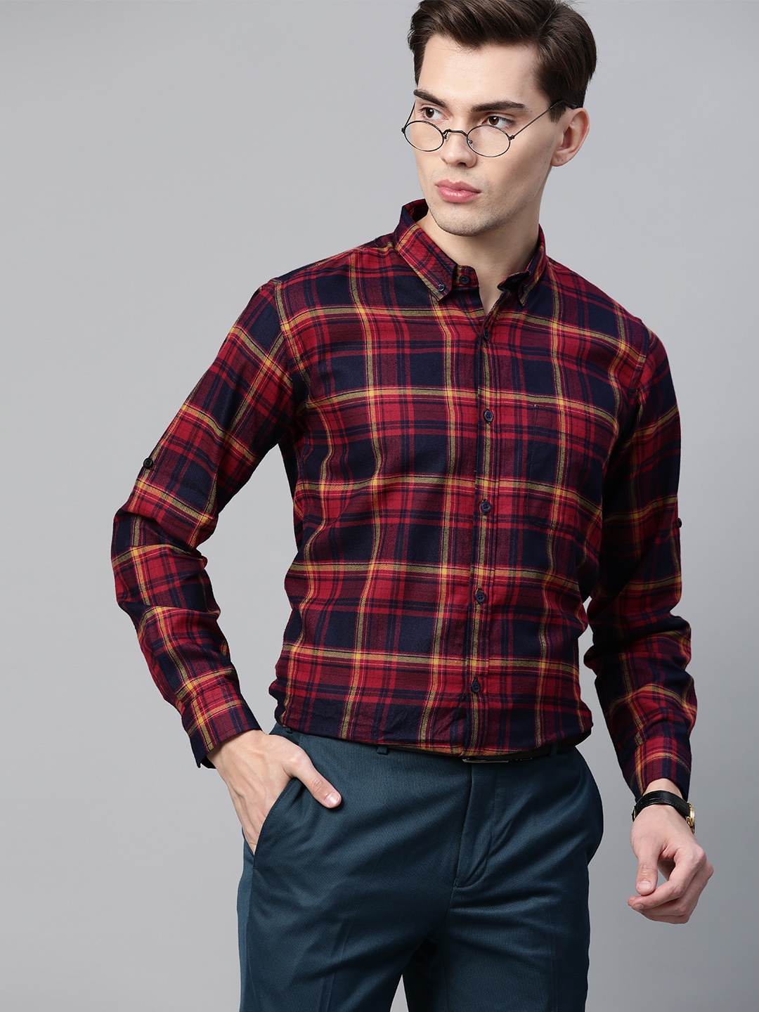 

DENNISON Men Red & Navy Blue Smart Slim Fit Tartan Checks Pure Cotton Formal Shirt