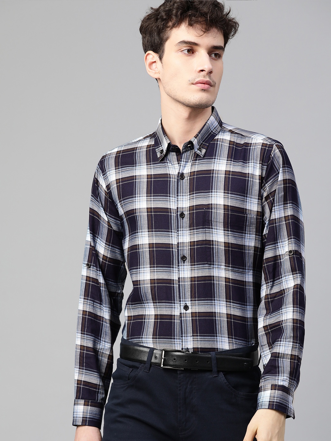 

DENNISON Men Navy Blue & White Smart Slim Fit Chest Pocket Checked Formal Shirt