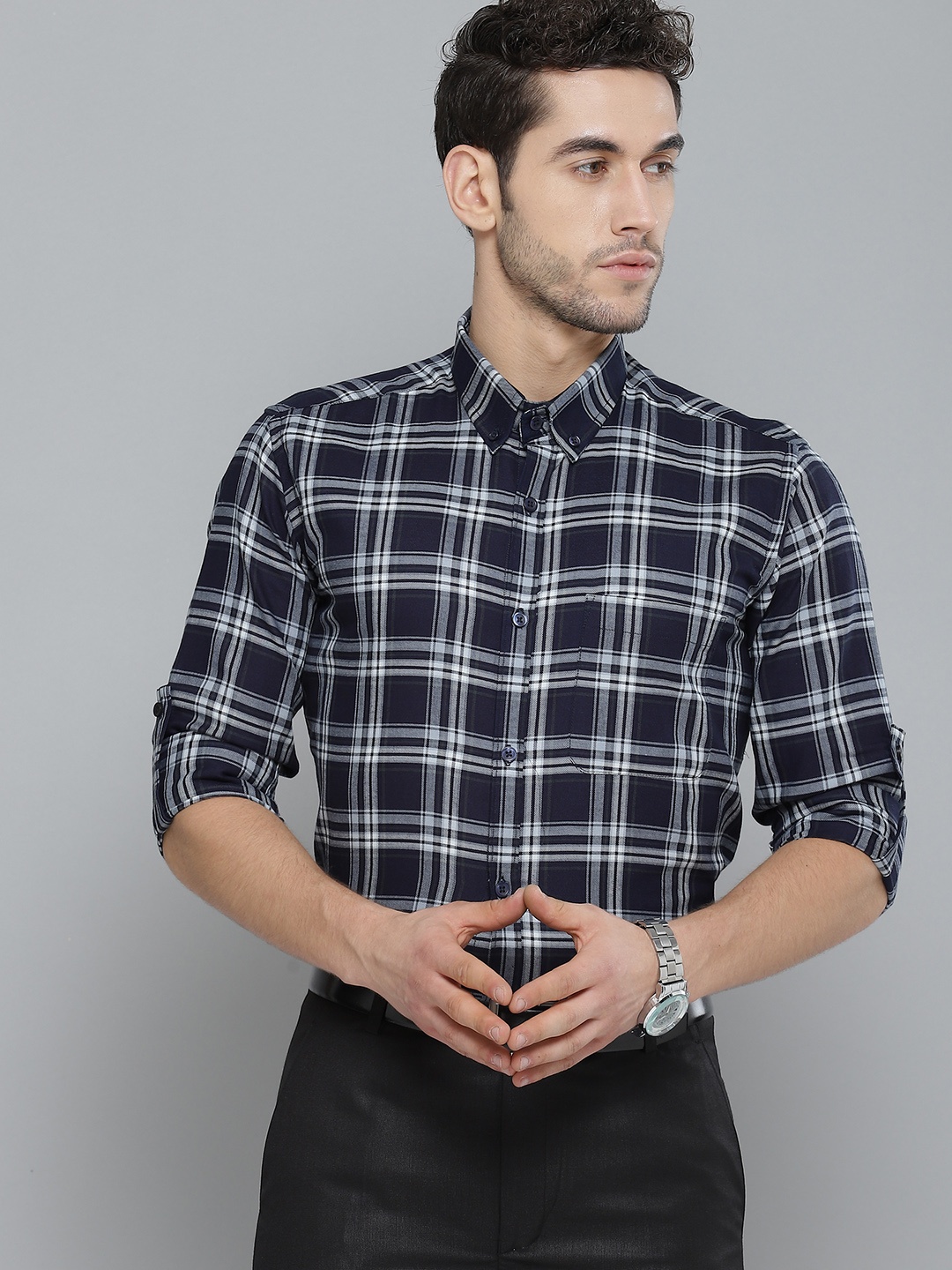 

DENNISON Men Navy Blue & White Smart Slim Fit Pure Cotton Checked Formal Shirt