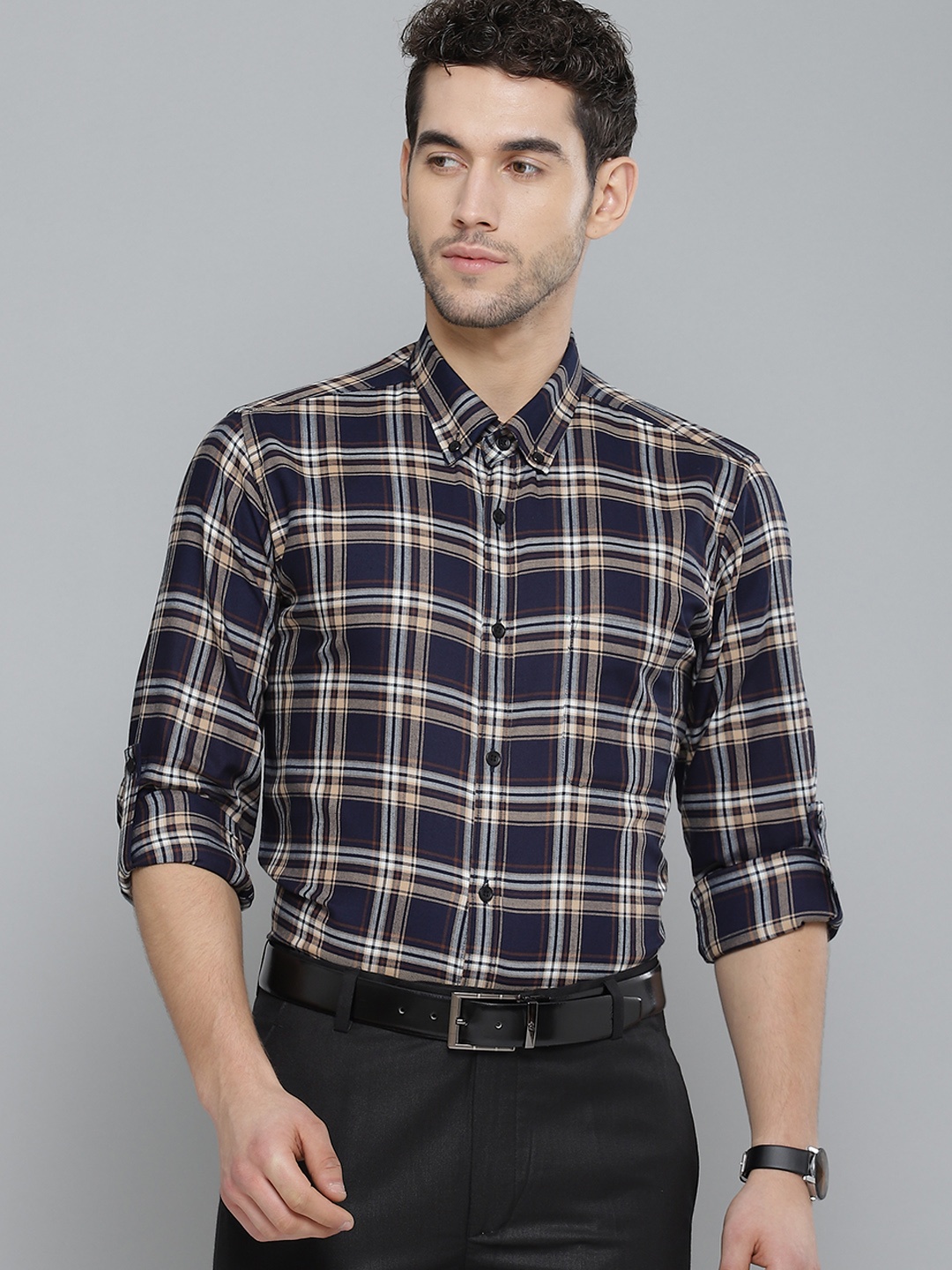 

DENNISON Men Navy Blue & Beige Smart Slim Fit Pure Cotton Checked Formal Shirt
