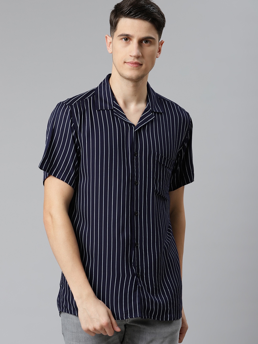 

DENNISON Men Navy Blue & White Smart Slim Fit Pinstripes Casual Shirt