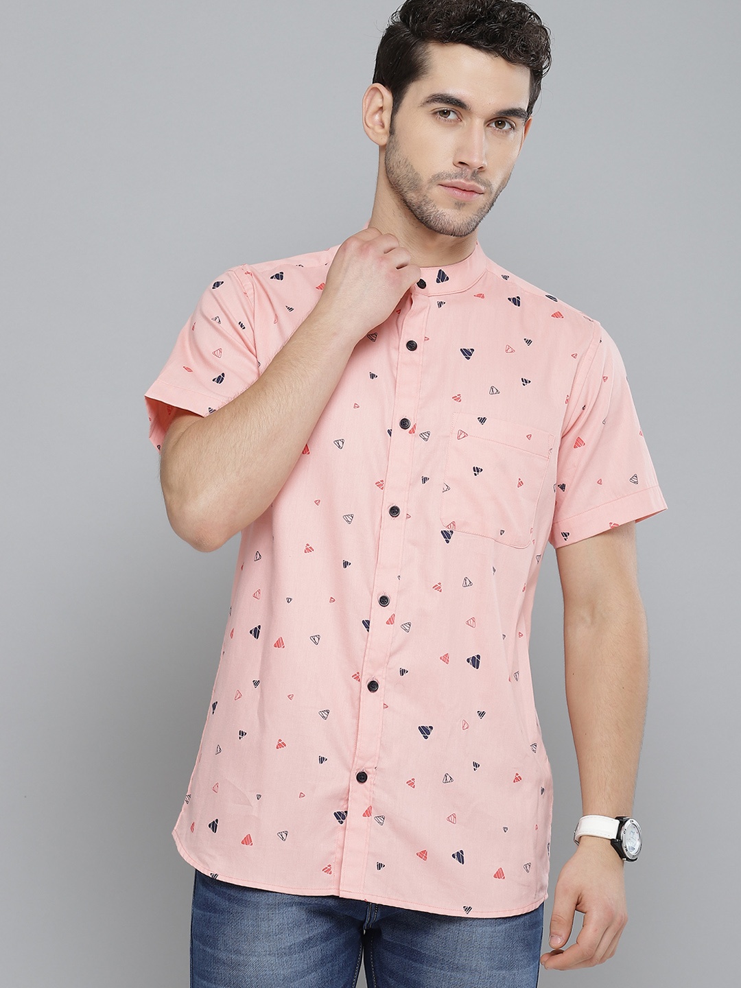 

DENNISON Men Pink & Navy Blue Smart Slim Fit Pure Cotton Printed Casual Shirt