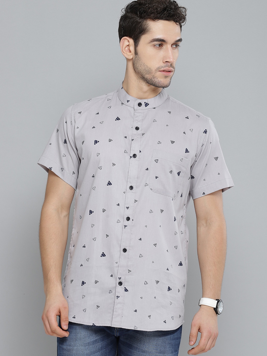 

DENNISON Men Grey & Navy Blue Smart Slim Fit Pure Cotton Printed Casual Shirt