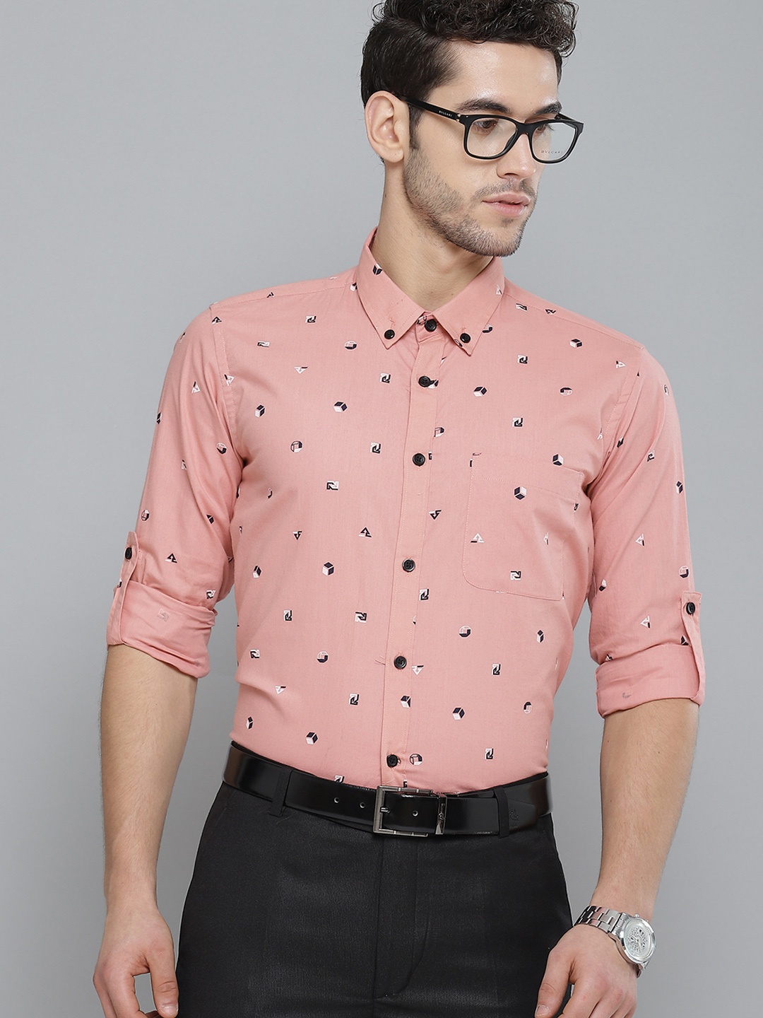 

DENNISON Men Peach-Coloured & Black Smart Slim Fit Printed Formal Shirt