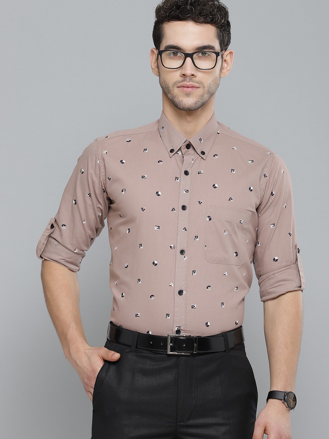 

DENNISON Men Taupe & Navy Blue Smart Slim Fit Pure Cotton Printed Formal Shirt