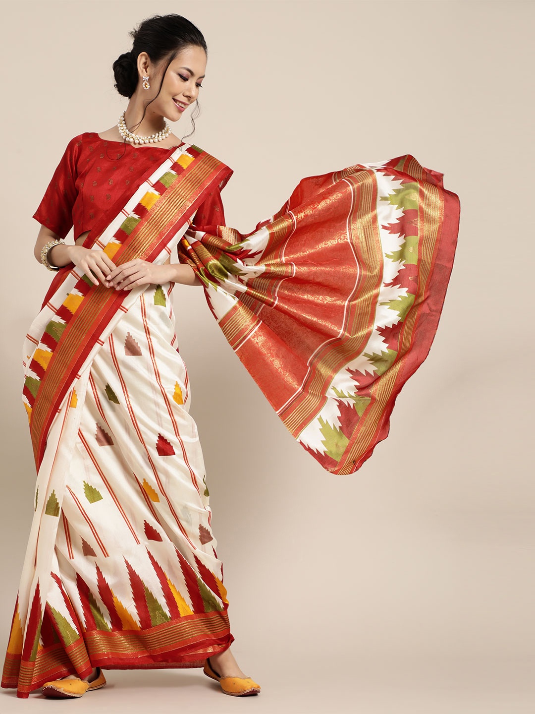 

Saree mall Geometric Silk Blend Saree with Striped border, White