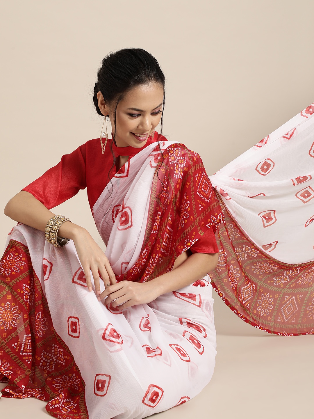 

Saree mall Bandhani Poly Chiffon Saree with Printed border, White