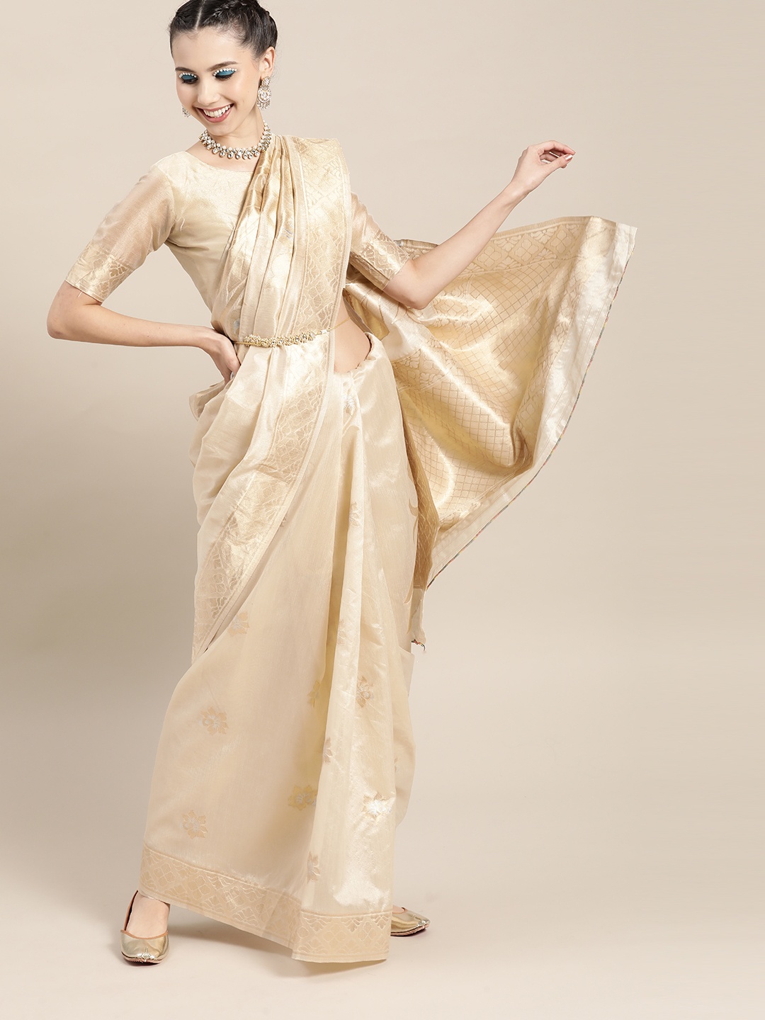 

Saree mall Ethnic Motifs Silk Blend Saree with Woven Design border, Beige