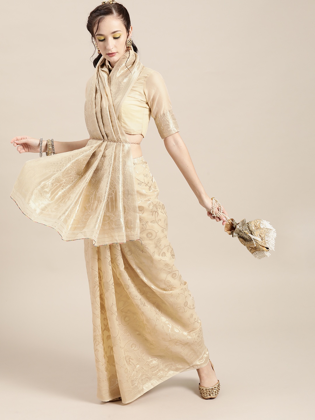 

Saree mall Floral Silk Blend Saree with Woven Design border, Beige