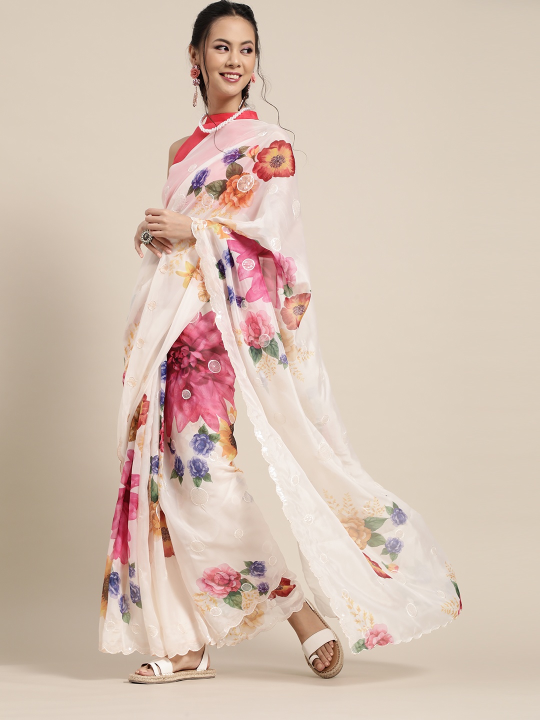 

Saree mall Floral Saree, Off white