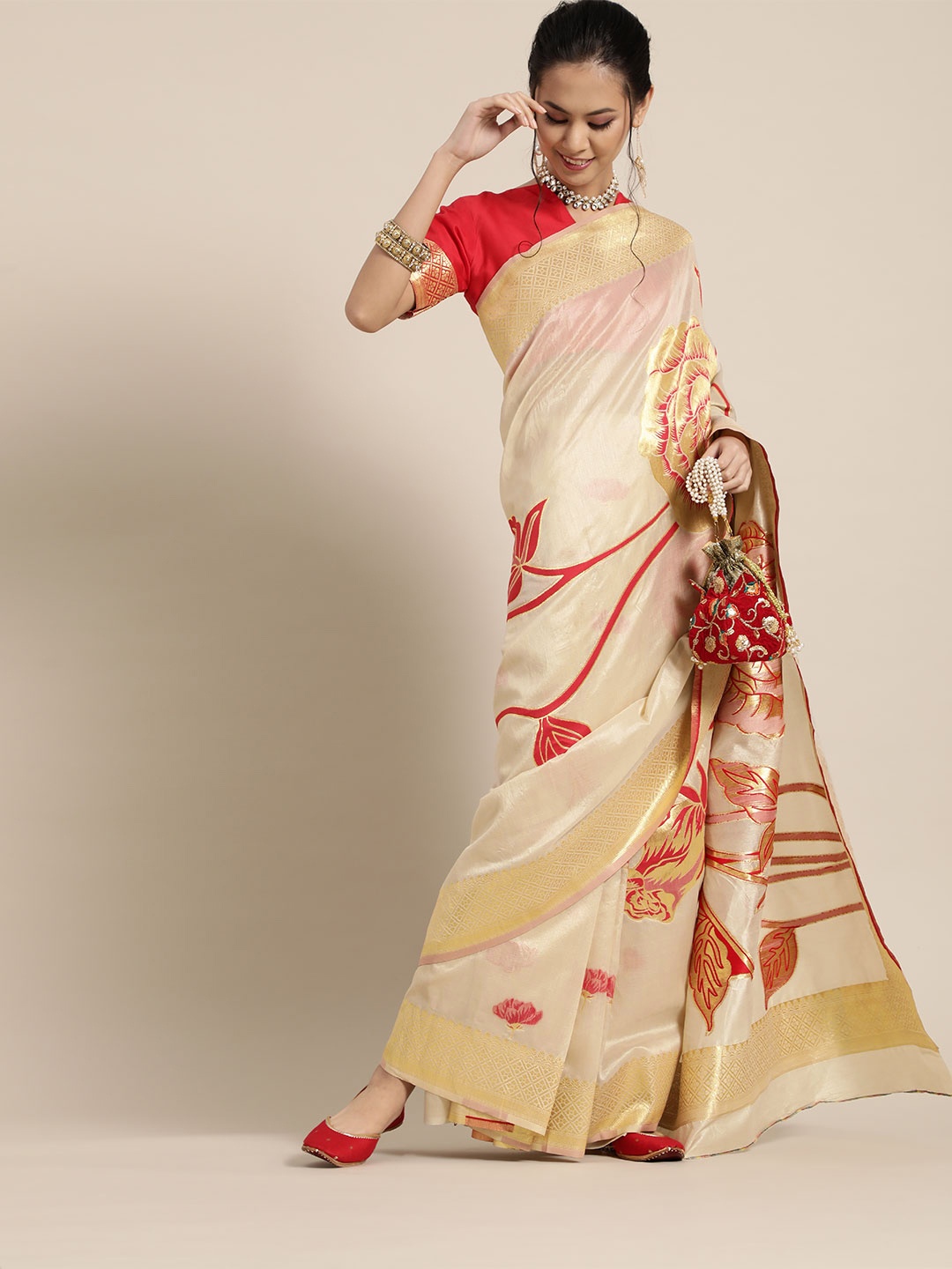 

Saree mall Floral Silk Blend Saree with Woven Design border, Cream