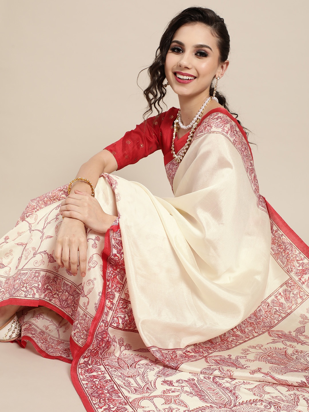 

Saree mall Floral Silk Blend Saree with Printed border, Off white