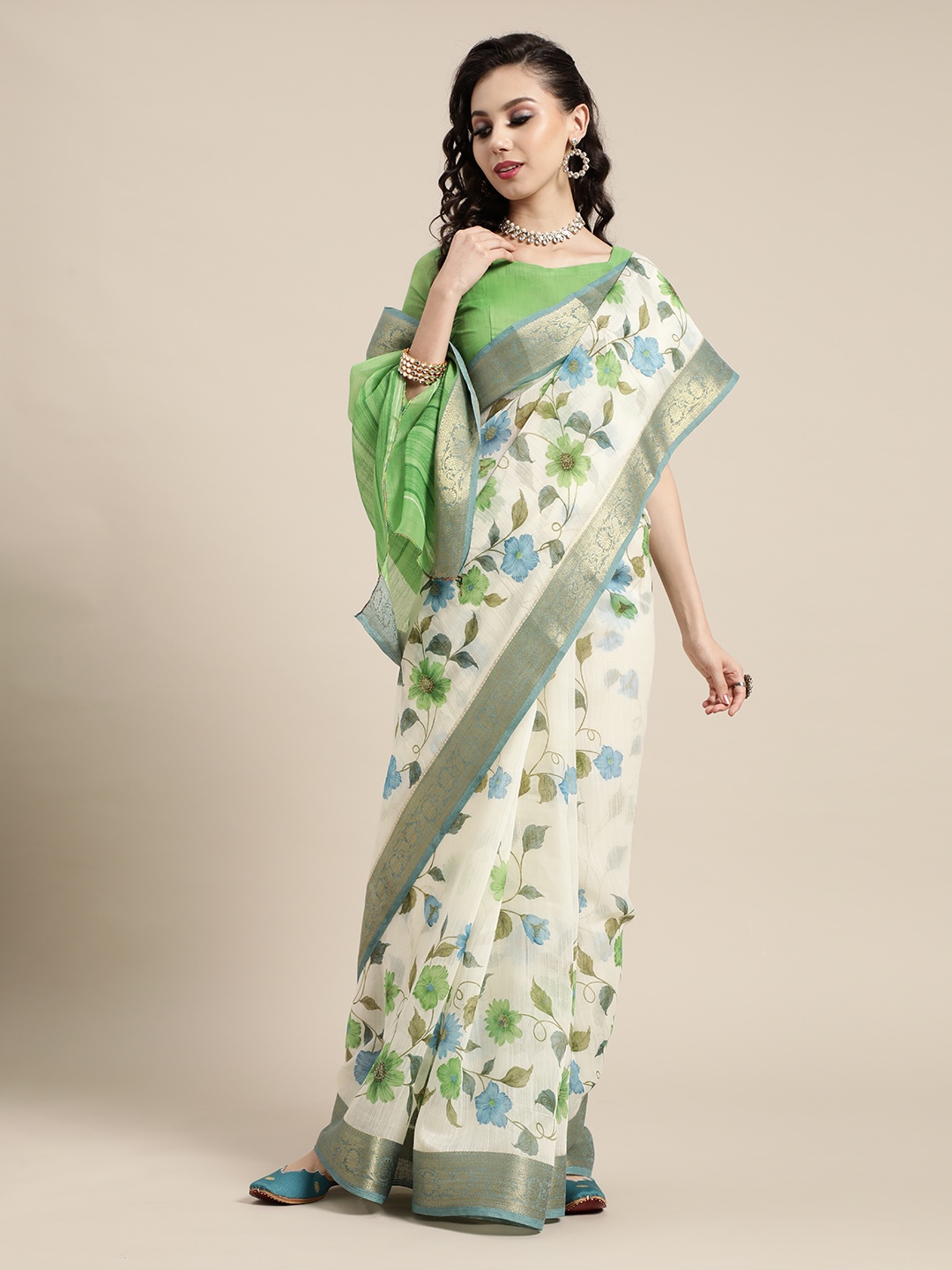 

Saree mall Off White & Green Floral Bomkai Silk Sarees