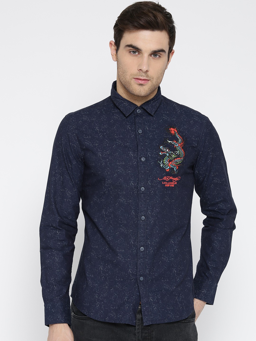 

Ed Hardy Men Navy Blue Printed Casual Shirt
