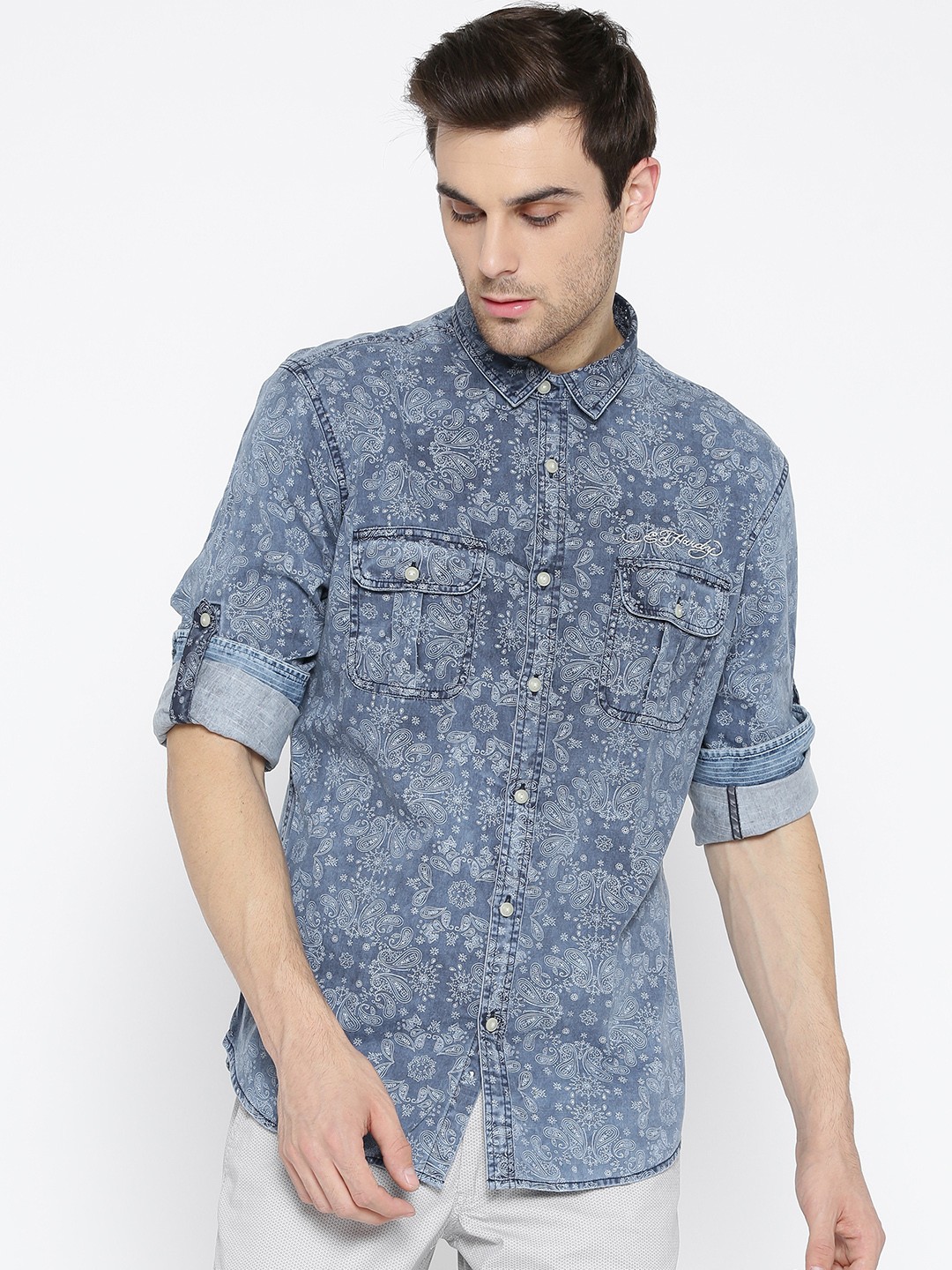 

Ed Hardy Men Blue Printed Casual Shirt