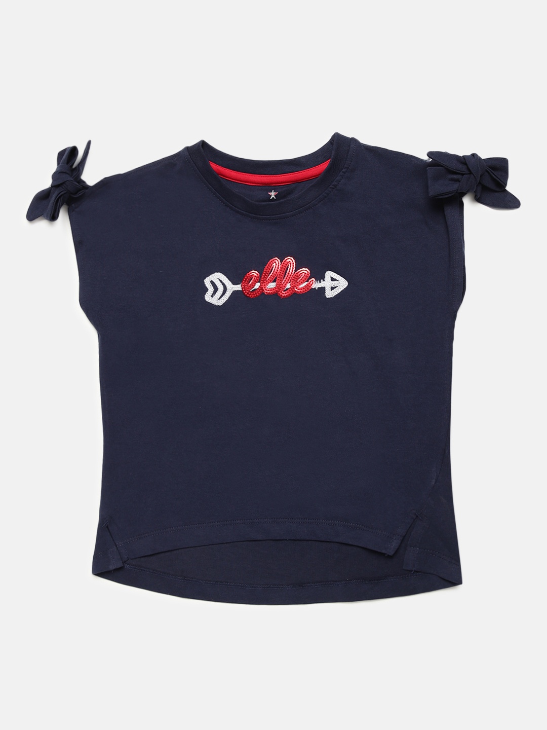 

ELLE Girls Navy Blue Self Design Round Neck T-shirt
