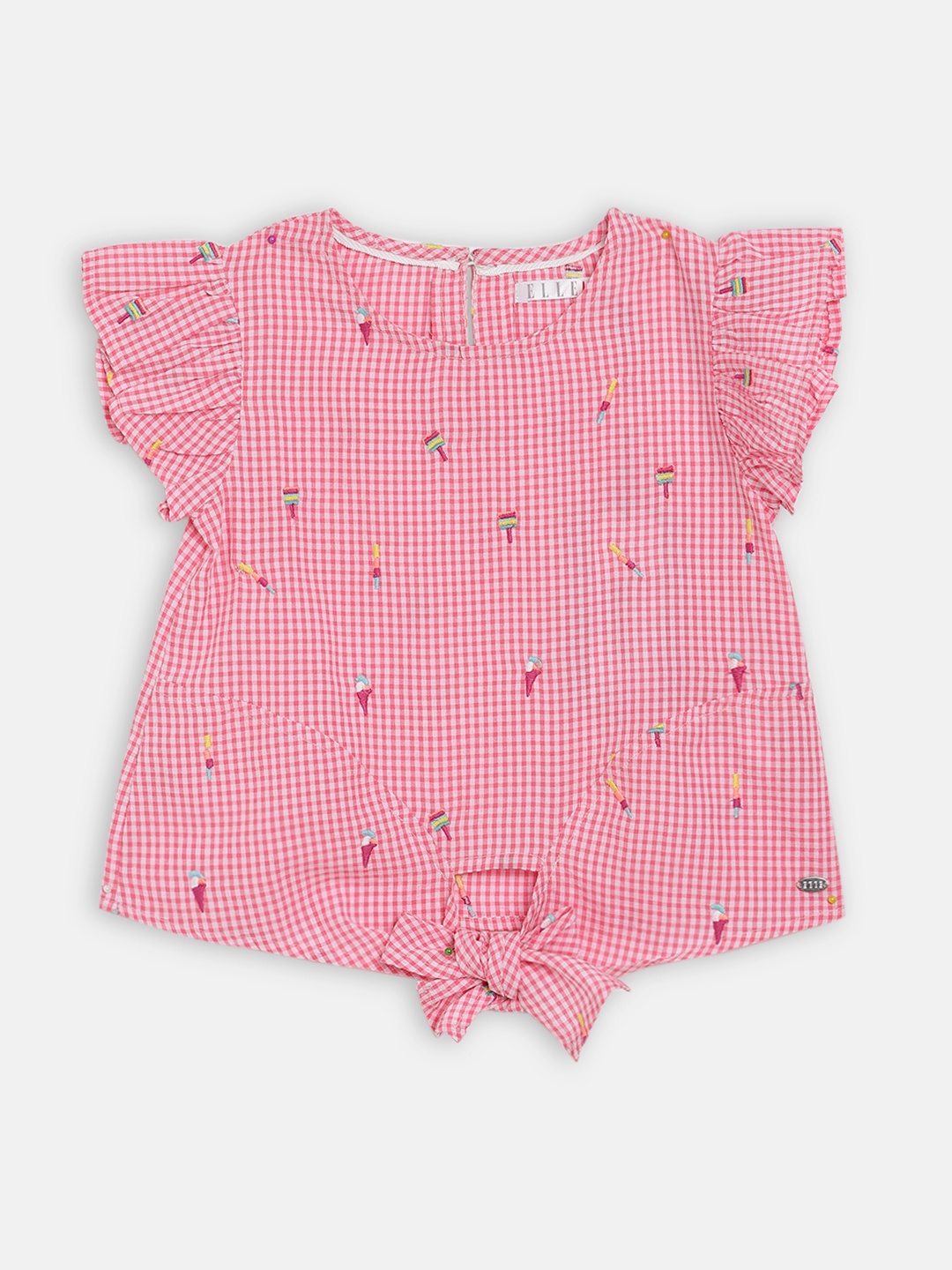 

ELLE Pink & White Checked Flutter Sleeves Regular Top