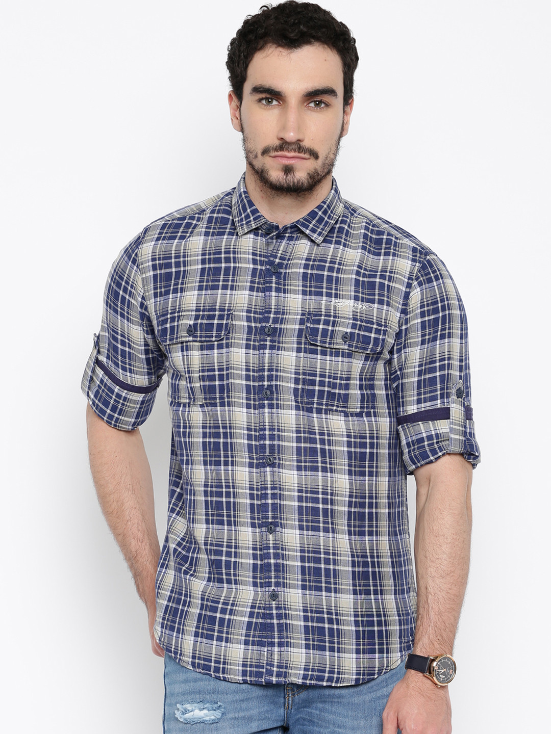 

Ed Hardy Men Navy Checked Casual Shirt, Navy blue
