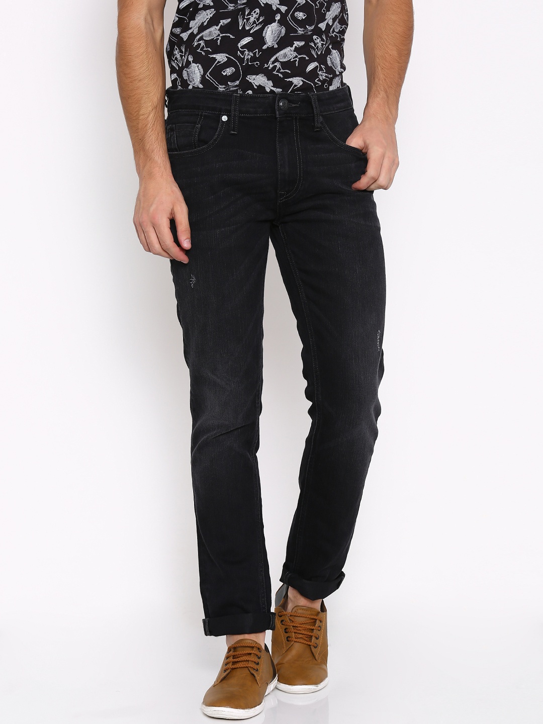 

Ed Hardy Men Black Slim Fit Mid-Rise Low Distress Jeans