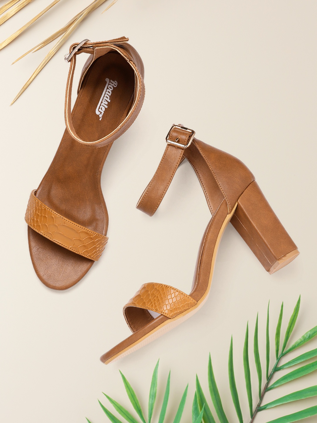 

Roadster Women Tan Brown Snakeskin Textured Mid-Top Block Heels