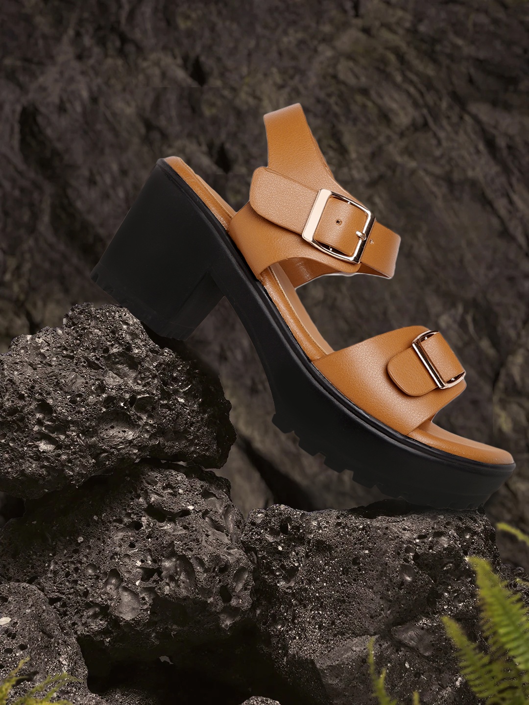

Roadster Tan Brown Solid Platform Heels with Buckles