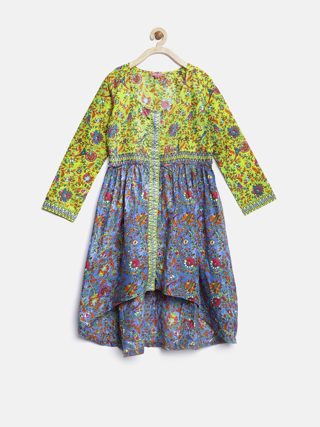 

BIBA Girls Green & Blue Floral Print High-Low Kurta