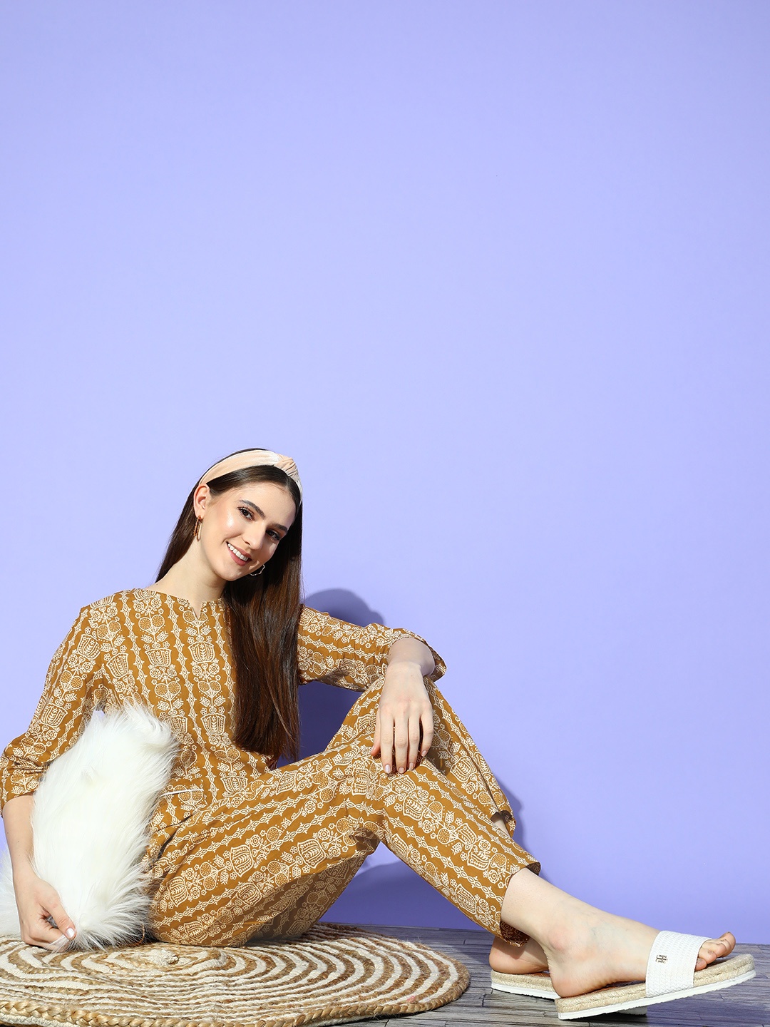 

Bannos Swagger Mustard Yellow & Beige Printed Cotton Night suit
