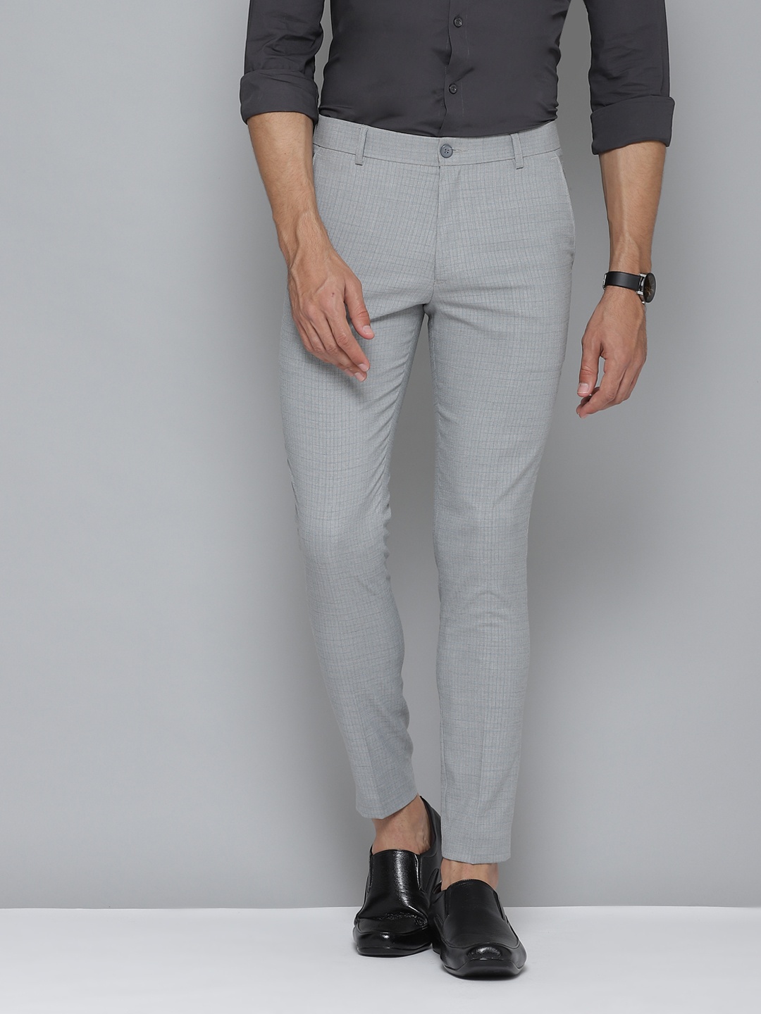 

DENNISON Men Grey & Blue Smart Tapered Fit Checked Cropped Trousers