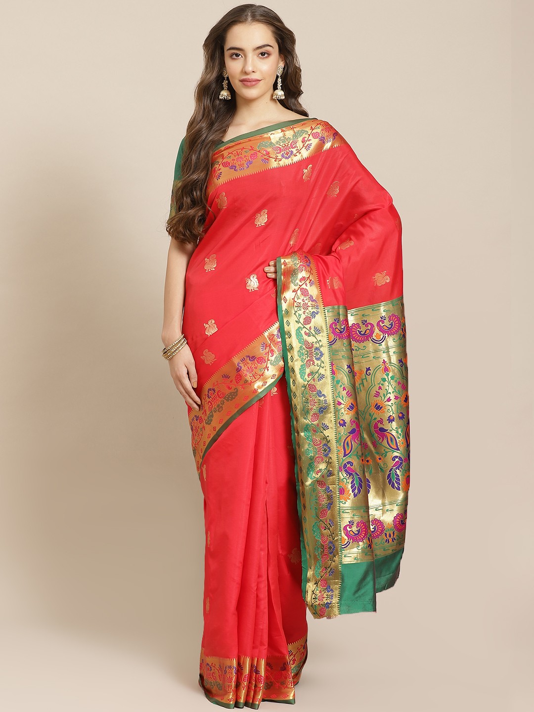

SHANGRILA Red & Golden Pure Silk Woven Design Paithani Saree