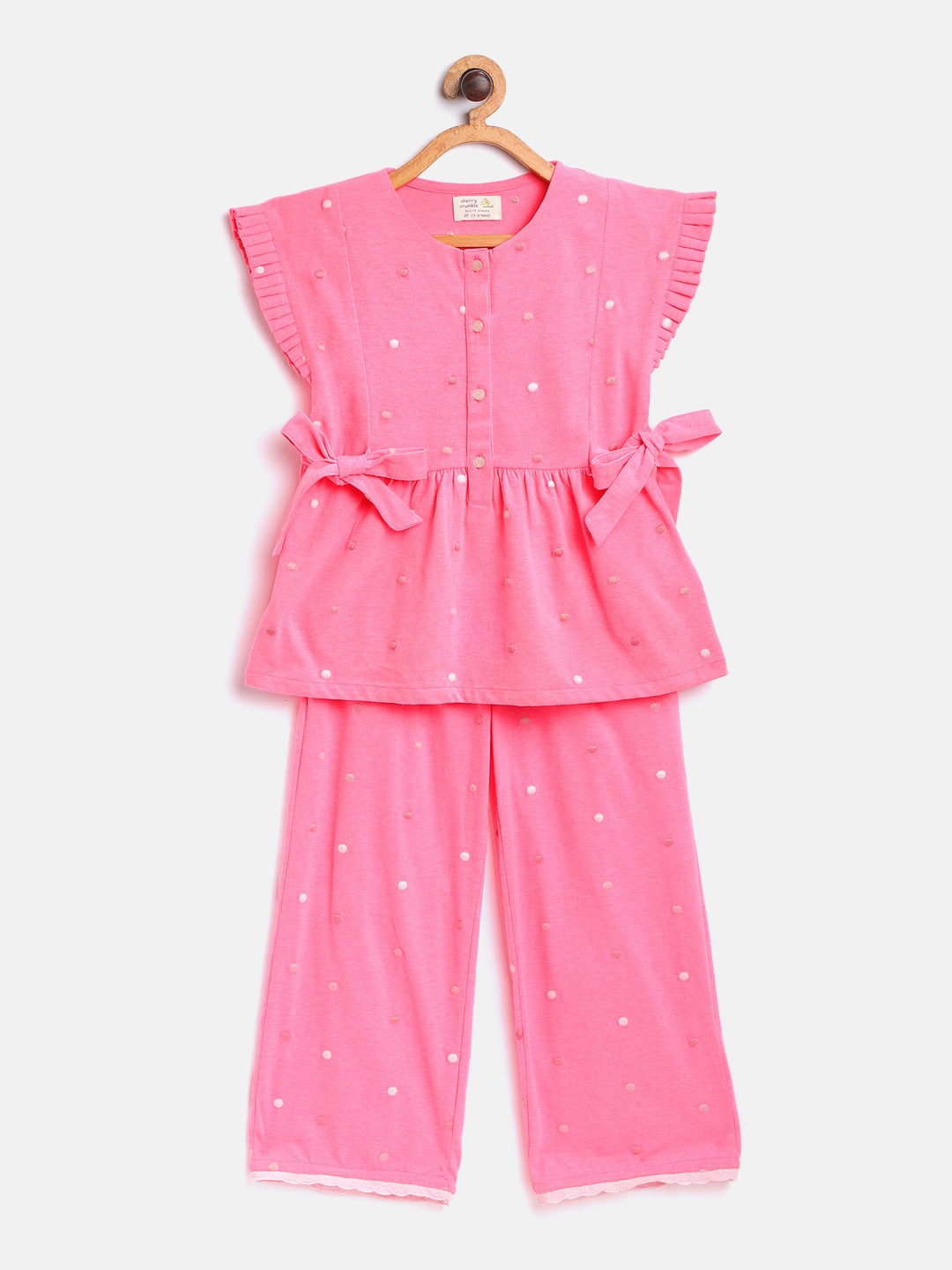 

Cherry Crumble Girls Pink & White Polka Dot Embroidered Night Suit