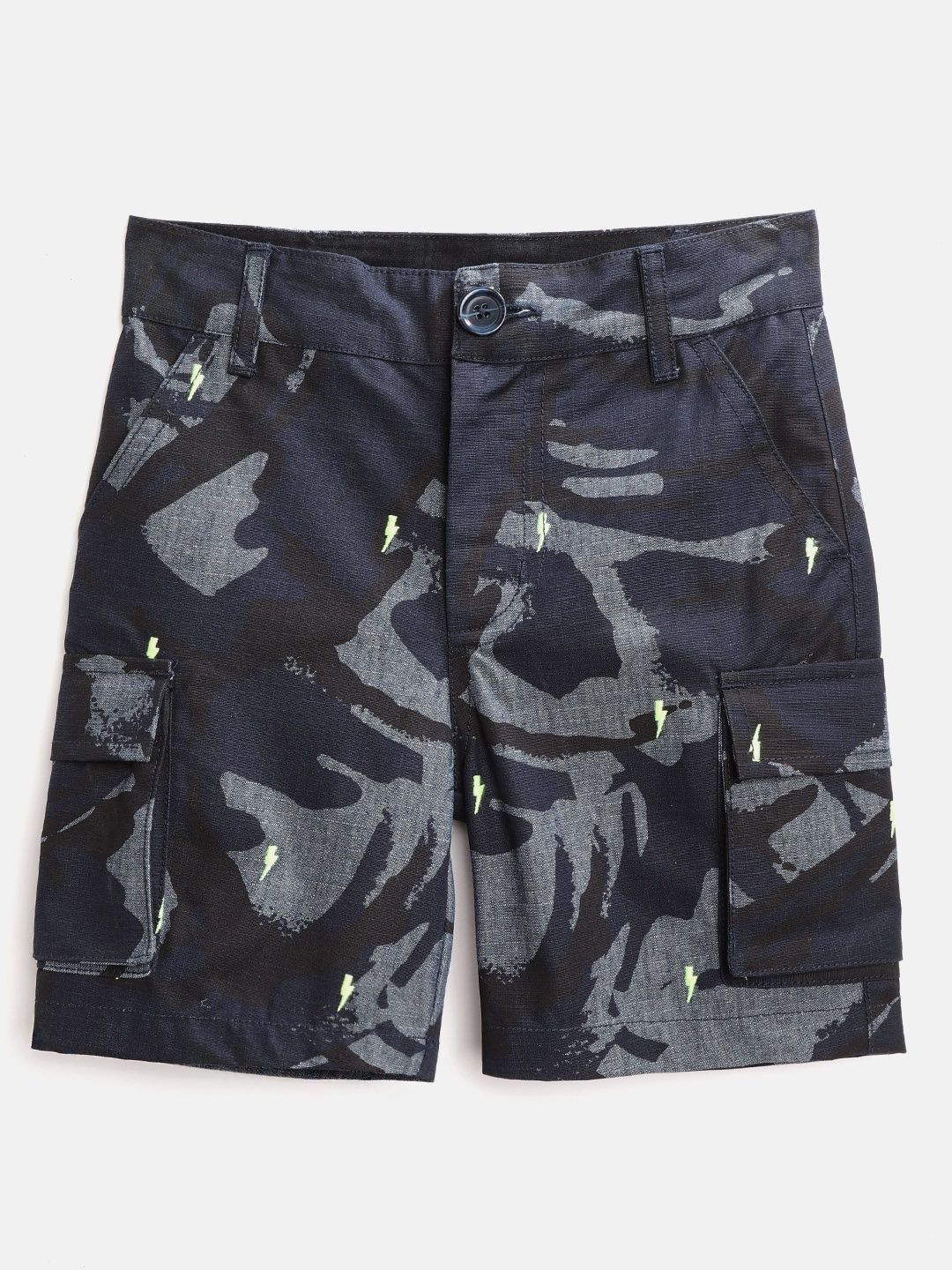 

Cherry Crumble Boys Blue & Grey Camouflage Print Regular Fit Cargo Shorts