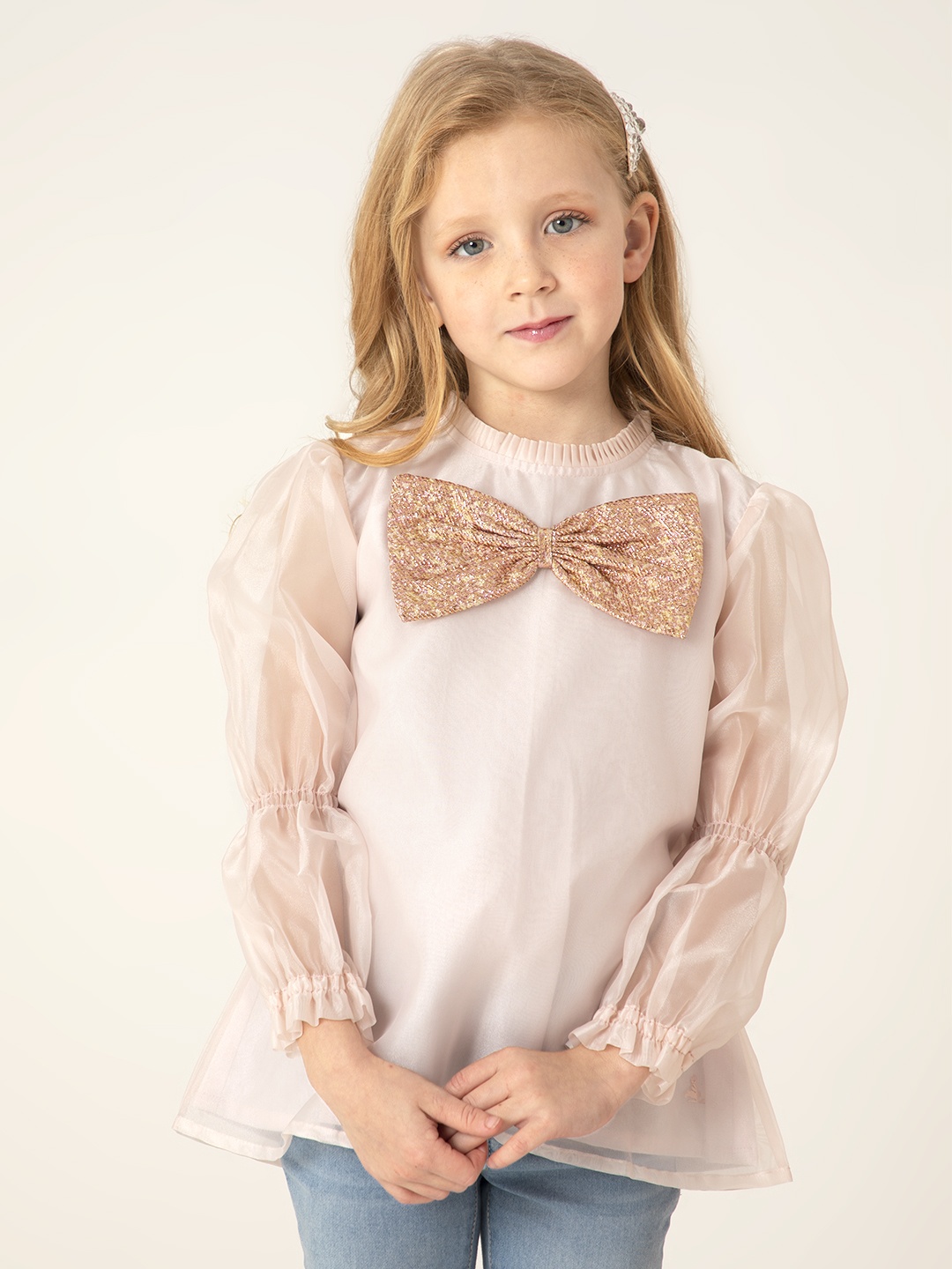 

Cherry Crumble Girls Peach-Coloured Puff Sleeves A-Line Top