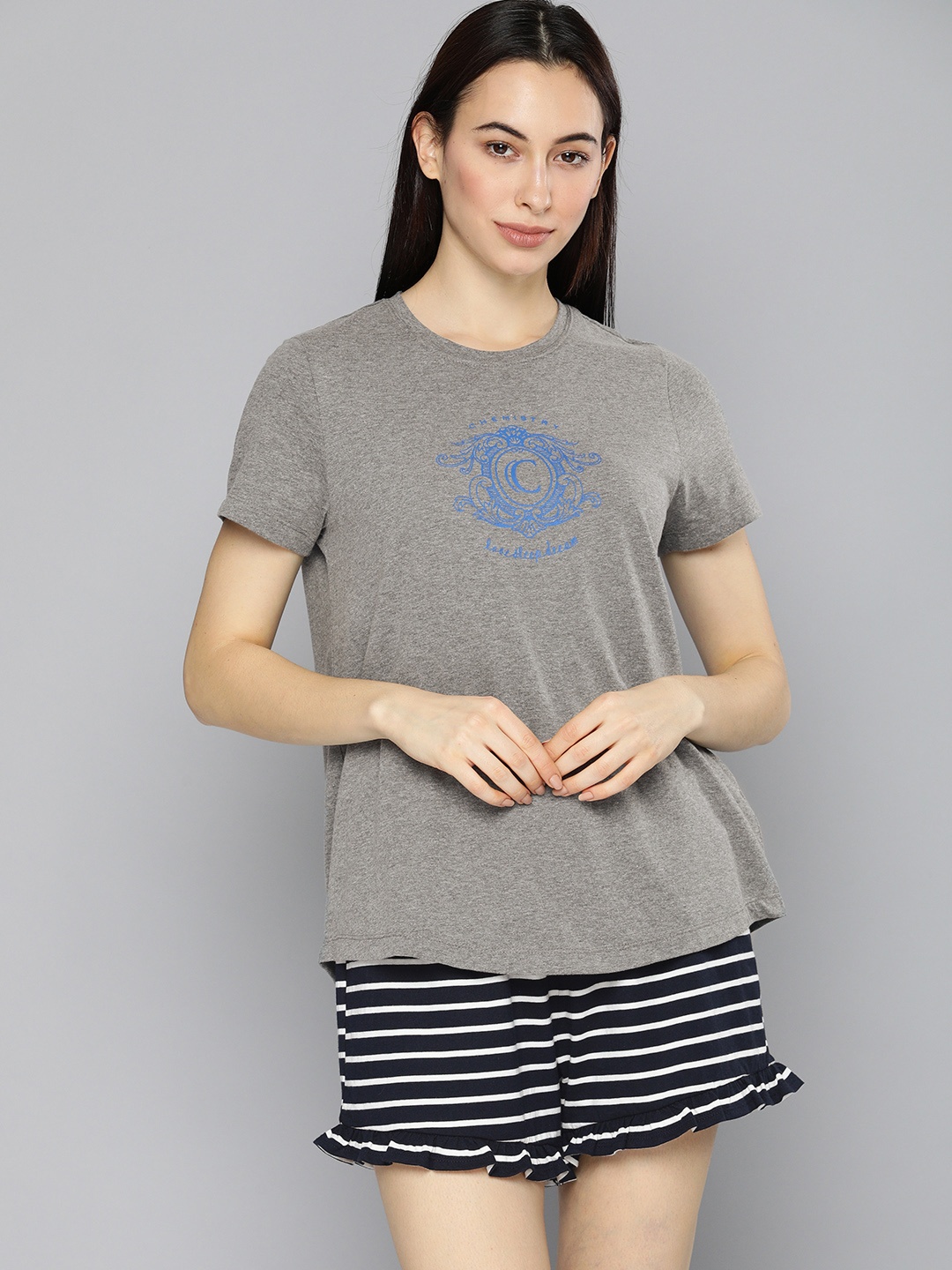 

Chemistry Women Grey Melange & Navy Blue Printed Night suit