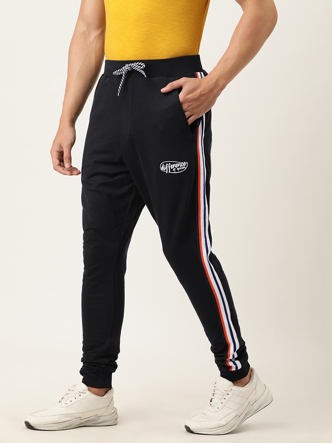 

Difference of Opinion Men Black Solid Straight Fit Joggers With Side Stripes