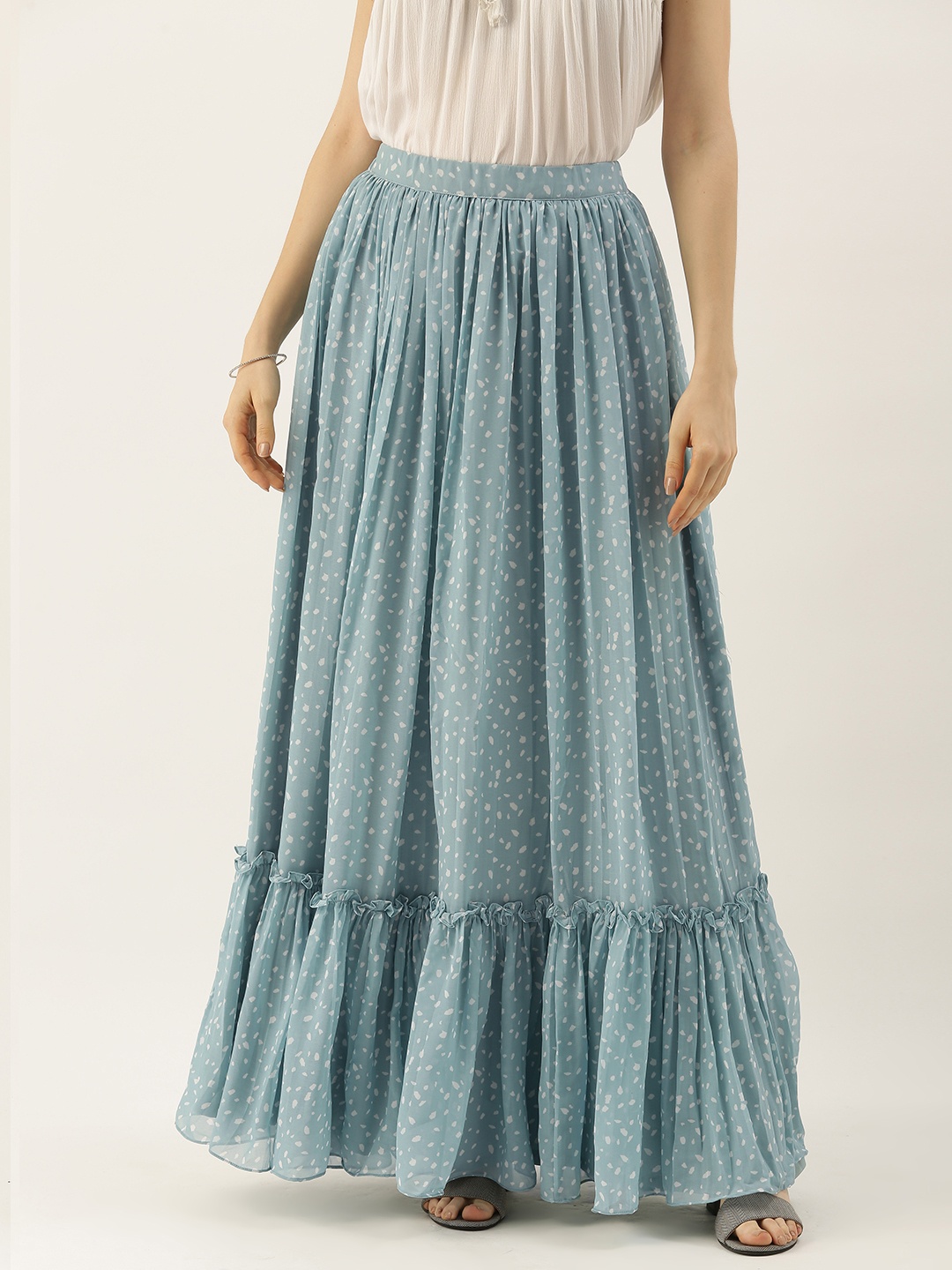 

Ethnovog Women Made To Measure Blue Printed Georgette Tiered Maxi Skirt