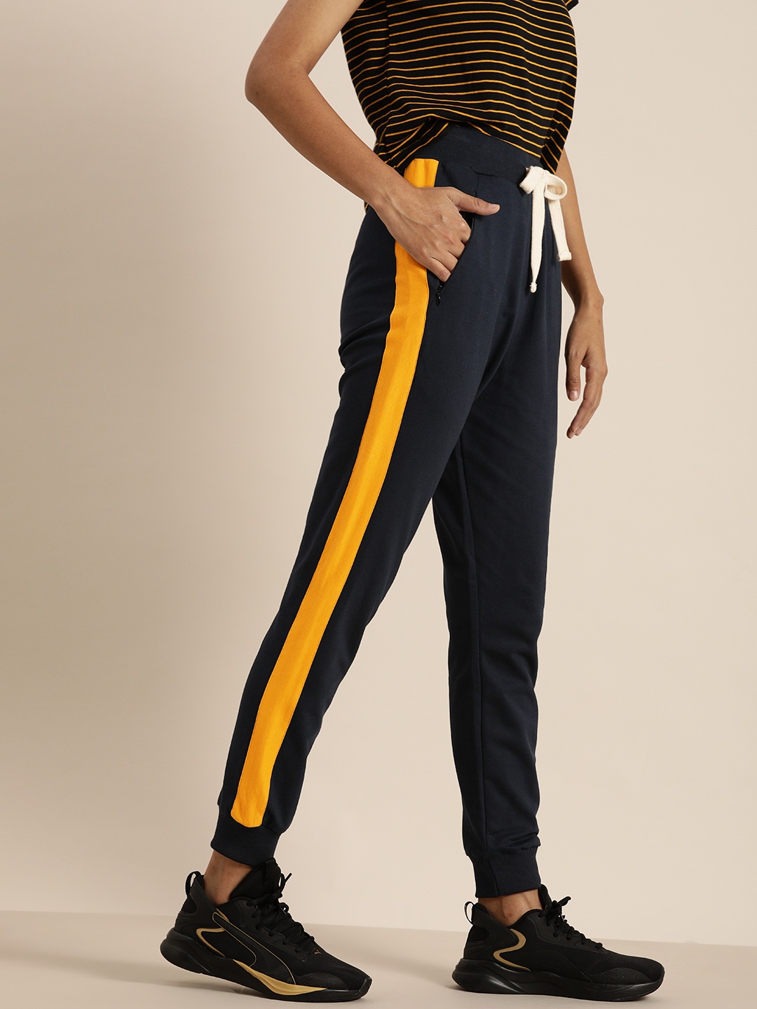 

DILLINGER Women Navy Blue Solid Knitted Slim Fit Joggers With Side Stripes