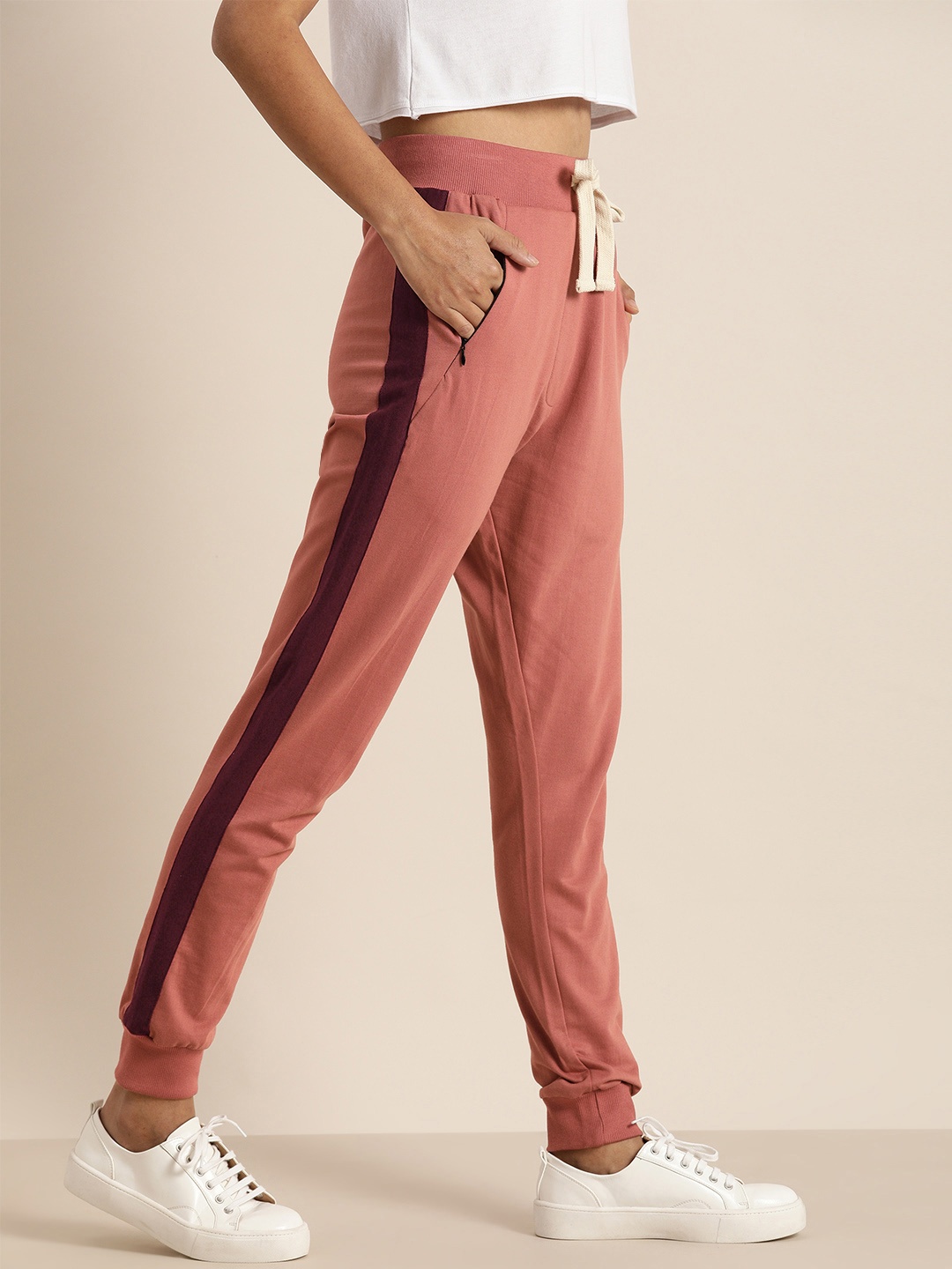 

DILLINGER Women Rust Pink Slim Fit Solid Joggers with Side Stripes