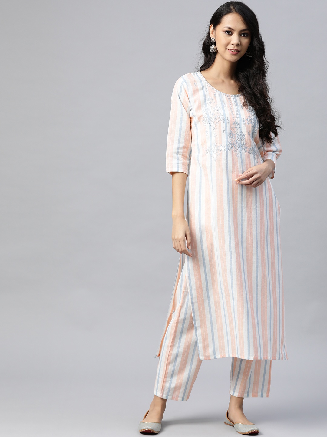 

SILVER STOCK Women Pink & White Striped Pure Cotton Kurta with Palazzos
