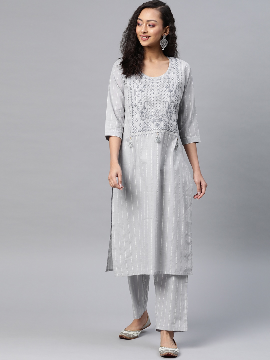

SILVER STOCK Women Grey & White Striped Kurta with Palazzos
