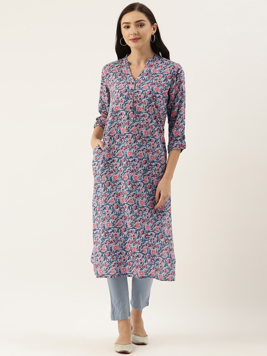 

AMUKTI Women Blue & Pink Floral Printed Floral Kurta