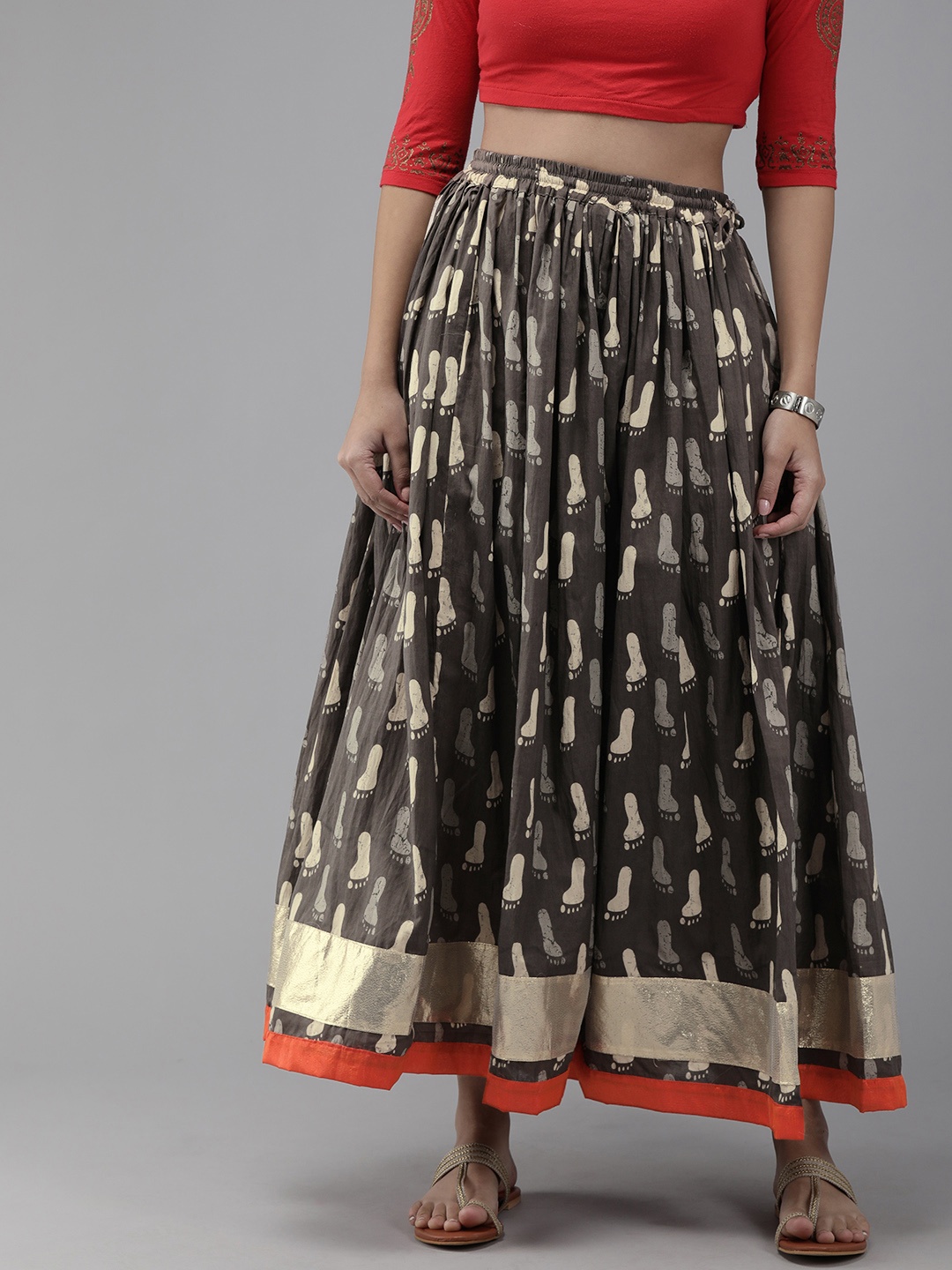 

Geroo Jaipur Hand Block Printed Orange Pure Cotton Sustainable Skirt, Grey