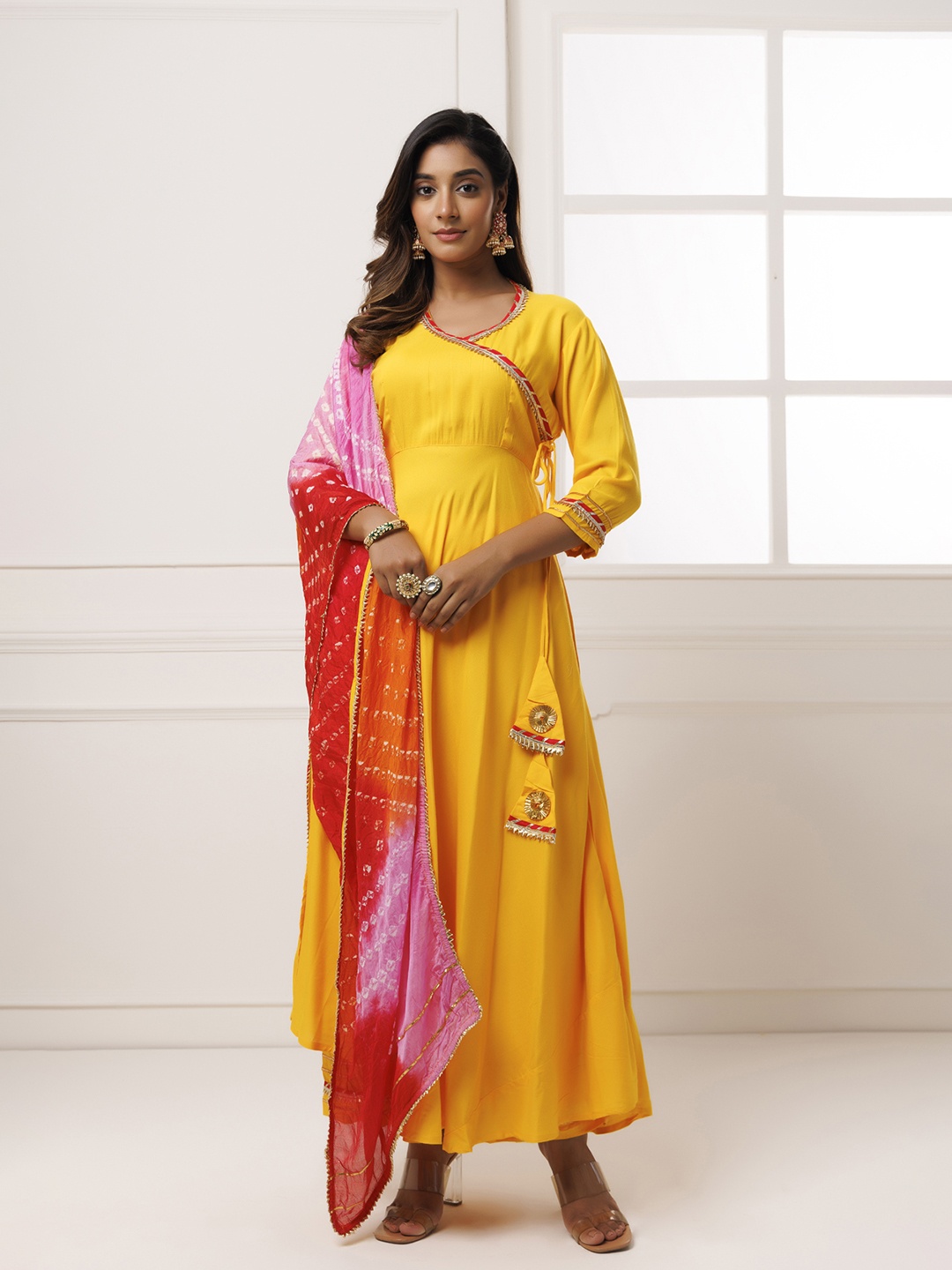 

Geroo Jaipur Hand Crafted Yellow Rayon Sustainable Kurta with Palazzo & Bandhani Dupatta